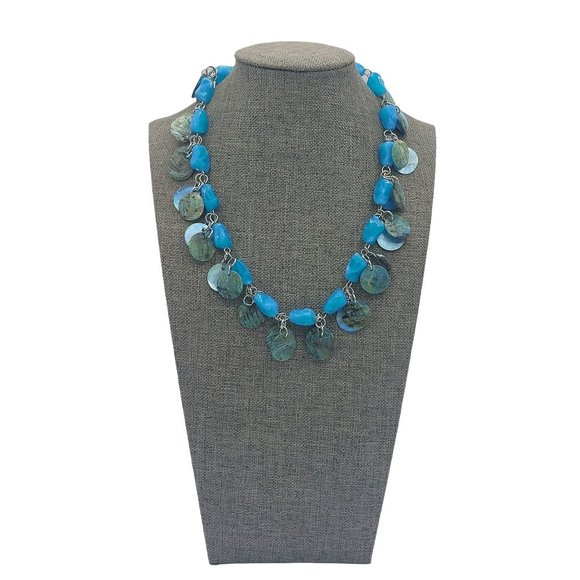 Turquoise Blue colored Necklace with Shell Circles Boho Silver Toned 20" Chain - Picture 1 of 5